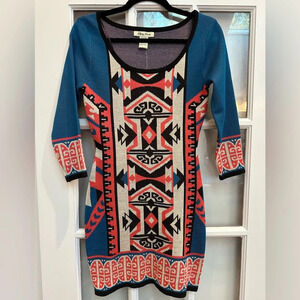 Flying Tomato Tribal Boho Print Teal Black Knit Sweater Dress Size XS NWT